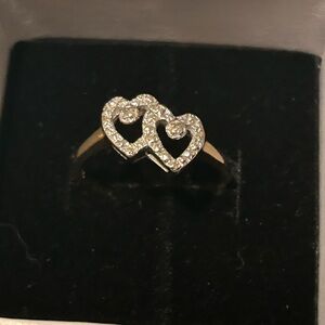 White and yellow Gold Double Heart Ring with Crystals